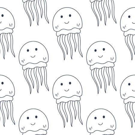 Funny cute jellyfish seamless pattern vector illustration. Background marine life coloring book. Template ocean underwater characters smile. Model for baby fabric, wallpaper, things and designのイラスト素材