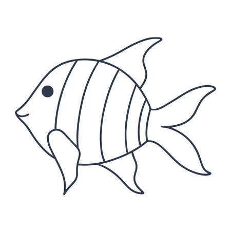 Kind cute striped fish doodle style. Isolated sea or river fish black outline on white background. Underwater ocean dweller coloring page. Baby character vector illustrationのイラスト素材