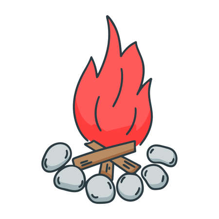 Bonfire doodle style isolated vector illustration. Camping fire for cooking and heating. Burning wood surrounded by stones clipartのイラスト素材