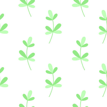 Abstract foliage seamless pattern. White background with delicate green leafy twigs. Botanical simple natural model. Template for fabric, wallpaper, paper and design vector illustrationのイラスト素材