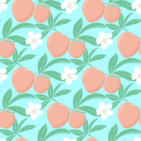 Juicy peaches and flowers seamless summer pattern. Beautiful repeating background with fruits, foliage and blossoms. Print for wallpaper, textile, packaging, design. Template tropical exotic nectarines vector illustrationのイラスト素材