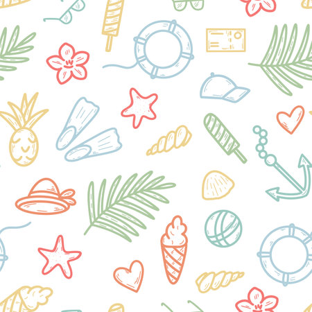Summer seamless colorful doodle pattern. Background tourism and vacation concept. Print for textiles, packaging and design. Template with attributes and elements of beach vacation and travel vectorのイラスト素材