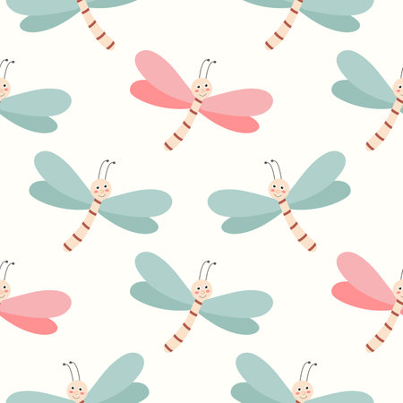 Dragonflies summer baby seamless pattern. background with children characters. Printing on textiles, wallpaper, packaging, design of children's things. Cute tender template vectorのイラスト素材