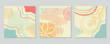 Set square abstract backgrounds with geometric and botanical elements. Templates for publications in social networks, for advertising and banners. Trendy hand drawn vintage cards vectorのイラスト素材