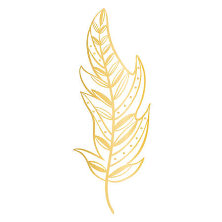 Luxury golden feather decorated with line and dots isolated vector illustration. Boho decoration symbol. Gold hand drawn design elementのイラスト素材