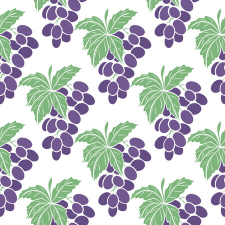 Purple grapes vector seamless pattern. Background with branches grapes with leaves. Print for paper, packaging and design. Template with berries illustrationのイラスト素材