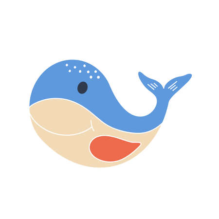 Funny cute whale baby character isolated vector. Sea fish doodle style color icon. Flat decoration sea animal for kids clothing design and room interiorのイラスト素材