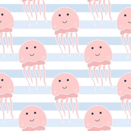 Cute pink jellyfish vector seamless pattern. Jellyfish on striped blue background. Print for baby textile, packaging, wallpaper and design. Cutest pastel kids template with marine charactersのイラスト素材