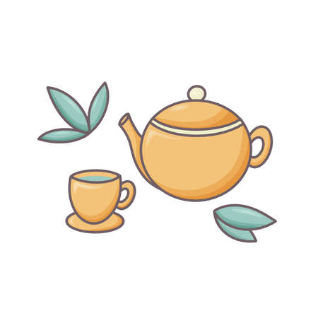 Tea ceremony concept vector illustration. Teapot, cup and tea leaves. tea time doodle styleのイラスト素材