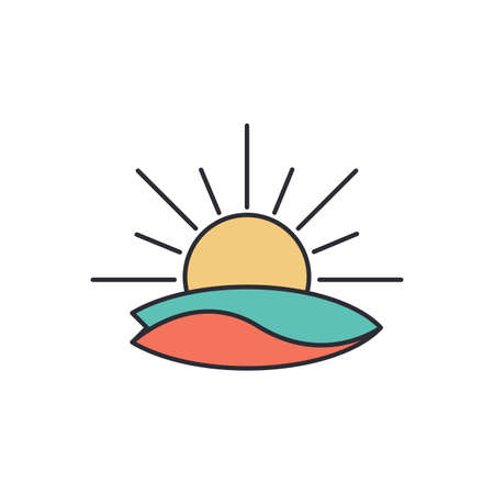 Surfing and sun vintage illustration. Emblem surfboard on sunset background. Color simple sport icon. Tropical exotic water vacation conceptのイラスト素材