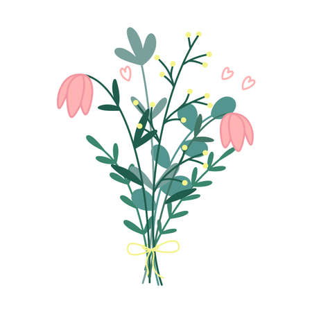 Simple wild flowers bouquet doodle style isolated vector. Hand drawn bunch flowers and foliage botanical decoration for postcard prints. Delicate summer blossom clipartのイラスト素材