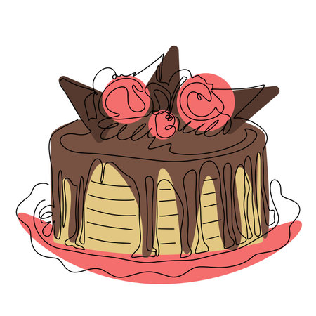 Cake decorated with ice cream and chocolate icing lineart vector. Chocolate pie on plate isolated...