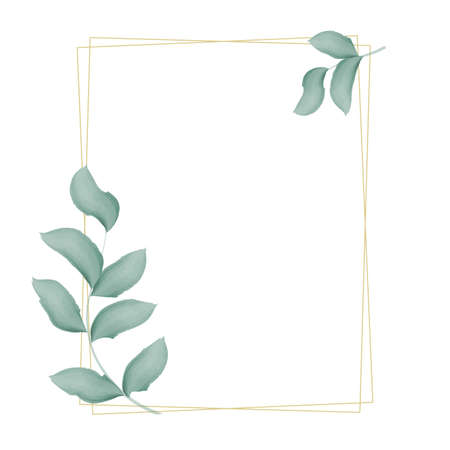 Rectangular double golden frame with foliage vector. Empty form with watercolor leafy branch for invitation or congratulations. Botanical natural filling templateのイラスト素材