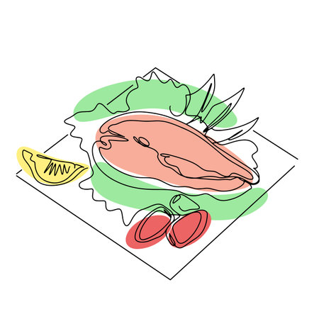 Dish salmon with salad lemon and tomatoes line art vector. Cooked food seafood and isolated one line illustration. Red trout fish steak with garnishのイラスト素材
