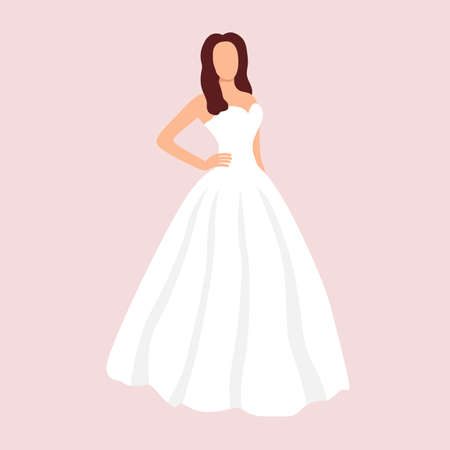 Bride in white wedding dress vector illustration. Abstract young woman in evening long dress. Beautiful female faceless image. wedding image of girlのイラスト素材