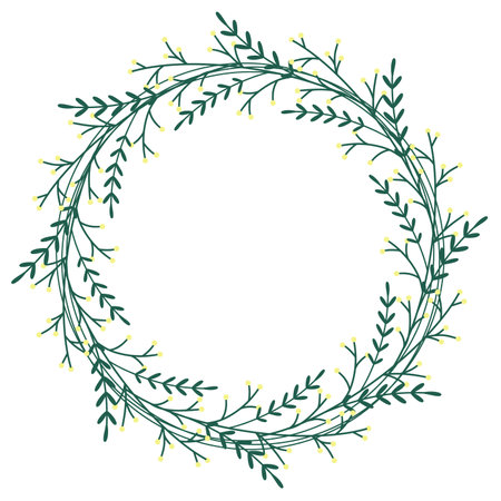Circle leaves frame vector illustration. Round leafy floral wreath. Botanical blank for invitation or congratulations. Natural decorated templateのイラスト素材