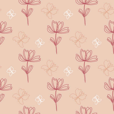 Butterflies and flowers seamless pattern vector illustration. Beautiful background with moths and flowering line art. Print for wallpaper, packaging, textile and paperのイラスト素材
