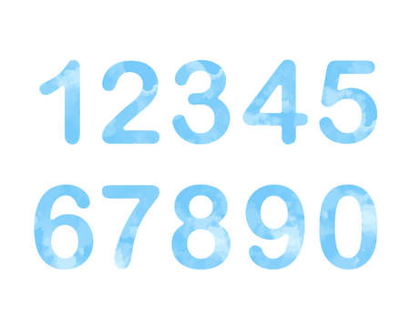 Baby numbers watercolor blue sky set vector illustration. Digits, collection of figures. Paint...