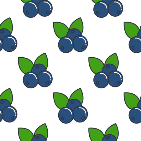 Blueberry with leaves seamless pattern vector illustration. Natural tasty wild berry on white background. Food print for background, packaging, wallpaper, paper and designのイラスト素材