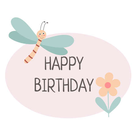 Happy birthday greeting baby card vector illustration. Pattern with dragonfly, flower and lettering. Poster for child with inscriptionのイラスト素材
