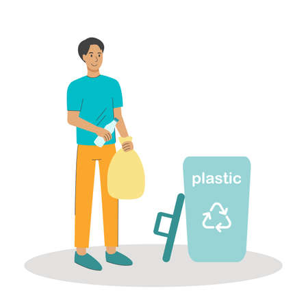 Man throws garbage into container. Sorting household waste concept. Recycling and reusable plastic. Male character separating trash, cartoon vector flat illustrationのイラスト素材