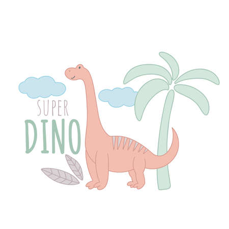Baby dino card with inscription vector illustration. Kid composition cute dinosaur with palm leaves and clouds. Character smiling. Super dino lettering print decorate t-shirts and designのイラスト素材