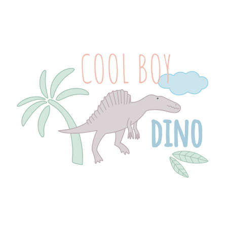 Cool boy dino baby card vector illustration. Kid dinosaur composition with palm leaves and cloud. Character is smiling. Super dino lettering print for t-shirt and postcard designのイラスト素材
