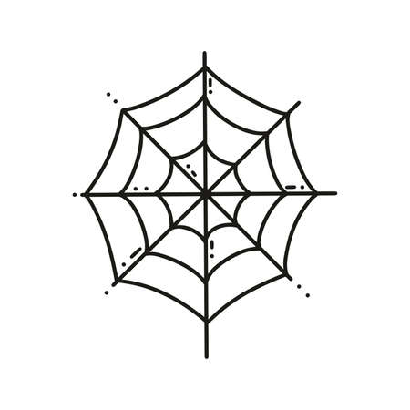 Gossamer black doodle illustration isolated on white background. Spider web decoration for halloween designs, isolated vector. Simple outline spooky mesh witch symbolのイラスト素材