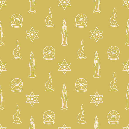 Witchcraft seamless pattern. Background with abstract symbols, candles and an all-seeing eye. Witch...