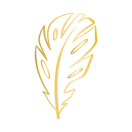 Hand drawn golden feather vector illustration. Beautiful graceful gold ornament isolated object. Graceful decoration for designのイラスト素材