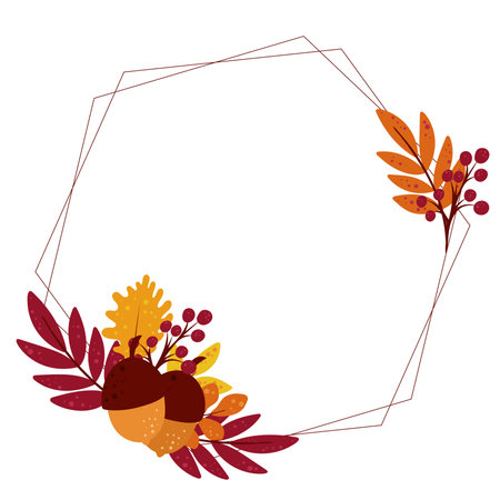 Autumn frame decorated with foliage, acorns and berries. Empty form for postcard, invitation, congratulations and design. Falling leafy twigs decorate rim vector illustrationのイラスト素材