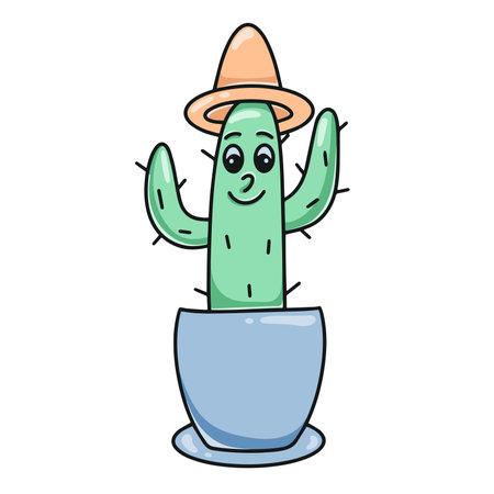 Cactus in hat isolated vector illustration. Flower prickly character in pot clipart. Cute hand drawn cactus cartoonのイラスト素材