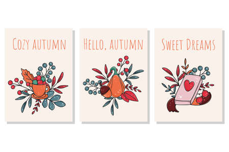 Set autumn cards with inscriptions. Cozy autumn, sweet dreams, hello autumn lettering. Fall postcards with foliage, pumpkin, berries, book and tea vector illustrationのイラスト素材