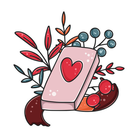 Autumn cozy composition with book and knitted scarf. Decoration with falling leaves and berries cartoon. Cute print for design of t-shirt, postcard and other vector isolated illustrationのイラスト素材