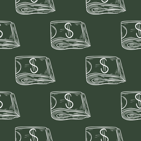 Folded cash money seamless pattern vector illustration. American currency background. Dollars on green background print for packaging, paper, fabricのイラスト素材