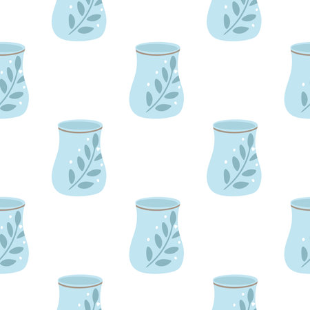 Blue painted bowls for drinks seamless pattern. Kitchen pottery background. Print with porcelain cups for textile, wrapping, paper vector illustrationのイラスト素材