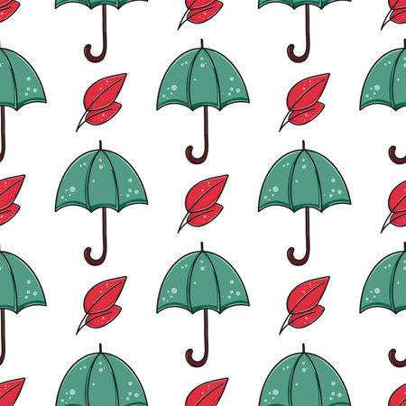 Autumn seamless fall pattern with umbrellas and leaves. Seasonal print for packaging, textile, paper, background and design vector illustration.Rainy weather composition digital paperのイラスト素材