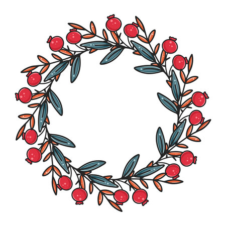 Beautiful botanical christmas wreath isolated vector illustration. Leafy and berry rim. Round natural frame for invitation or congratulationsのイラスト素材