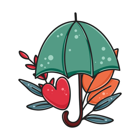 Composition with umbrella and foliage. I love autumn and rain concept. Cute fall hand drawn illustration. Cozy sticker isolated vector illustrationのイラスト素材