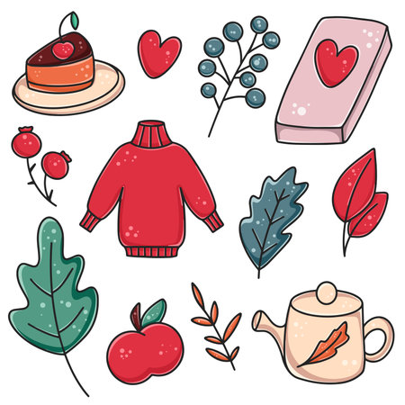 Set of cute and cozy items for autumn and winter compositions. Knitted sweater, book, teapot, pie, apple, foliage and berries cartoon. Isolated hand drawn elements vector illustrationのイラスト素材