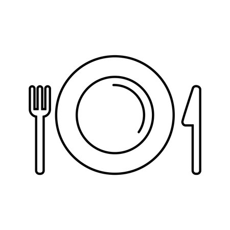 Table setting for meals line icon. Plate with cutlery pictogram. Simple outline image of cutlery isolated vector illustratio. Kitchen element for web designのイラスト素材