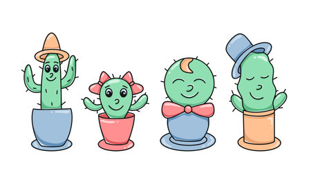 Cute cacti characters clipart. Set cacti in pots cartoon isolated vector illustration. homemade succulents stickersのイラスト素材