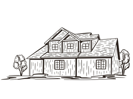 Residential building hand engraving isolated object. Country cottage black sketch on white background. Home with trees outside. modern houseのイラスト素材
