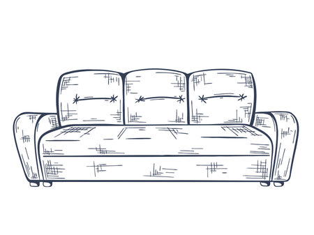 Sketch sofa isolated on white background. Hand engraved homemade upholstered furniture couch. Leisure room furniture clipart vector illustrationのイラスト素材