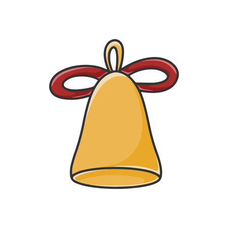 Bell decorated with bow cartoon clipart. Simple image yellow festive bell isolated vector illustrationのイラスト素材