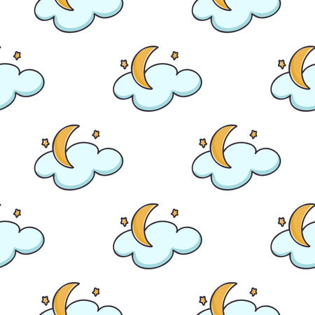 Moon clouds and stars seamless pattern. Cute sky background. Simple digital paper celestial elements for wallpaper, textile, package and design vector illustrationのイラスト素材