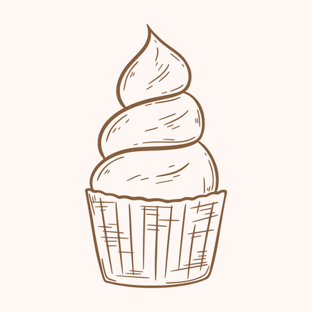 Cupcake cake with cream hand drawn vintage engraving. Retro sketch sweet pastries. Baking line outline isolated vector illustrationのイラスト素材