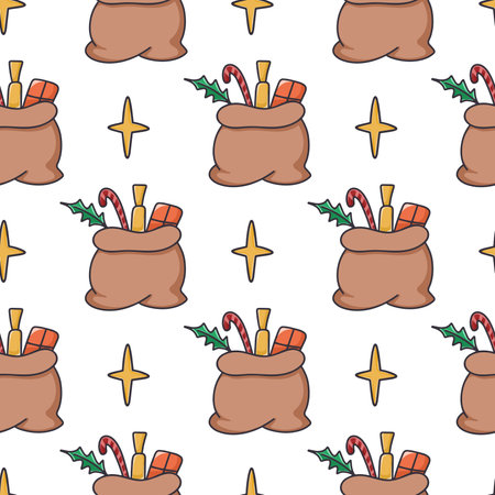 Gifts in bag christmas seamless pattern vector illustration. Festive background with gifts and treats. Hand drawn print for new year and christmas. Digital paper with starsのイラスト素材