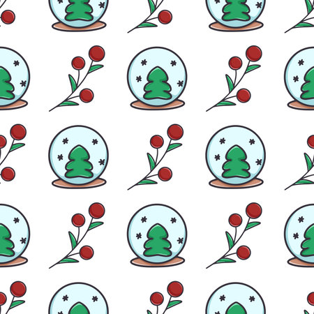 Festive crystal ball with Christmas tree and snow seamless pattern. Christmas background with souvenir and berry decoration. New Year digital paper. Print for wallpaper, textile, package and design vector illustrationのイラスト素材