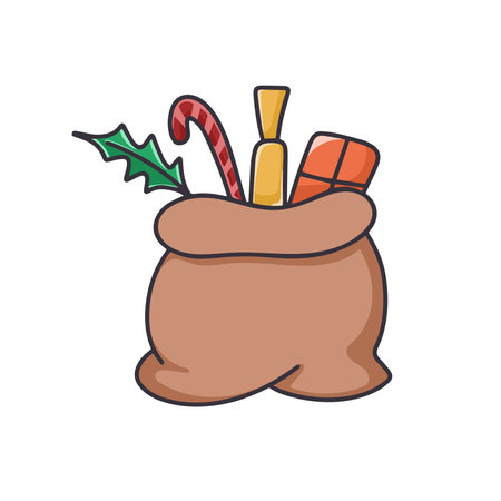 Christmas santa bag with gifts cartoon clipart. Hand drawn bag with sweets and gifts isolated vector illustration. Symbol new year and christmasのイラスト素材